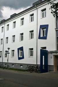 student dormitory blue windows
